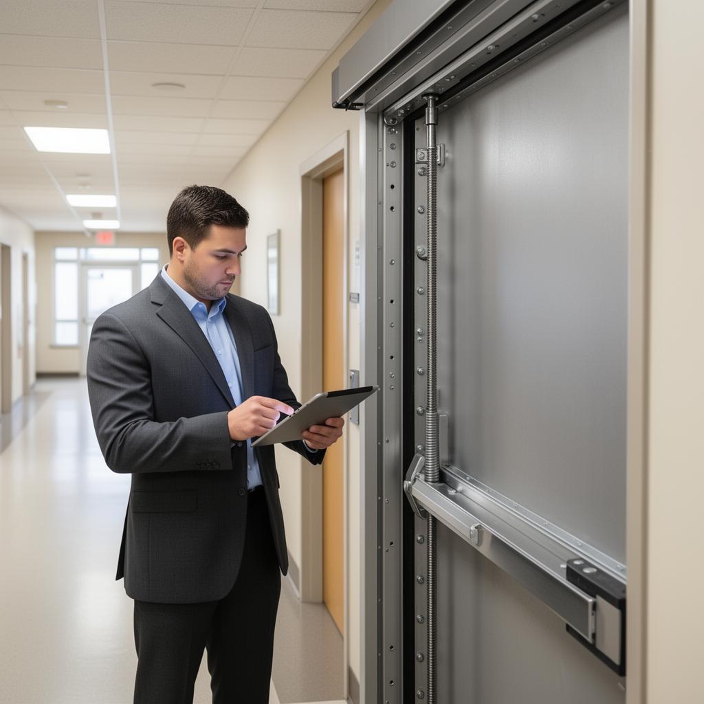Security specialist inspecting a commercial steel door frame
